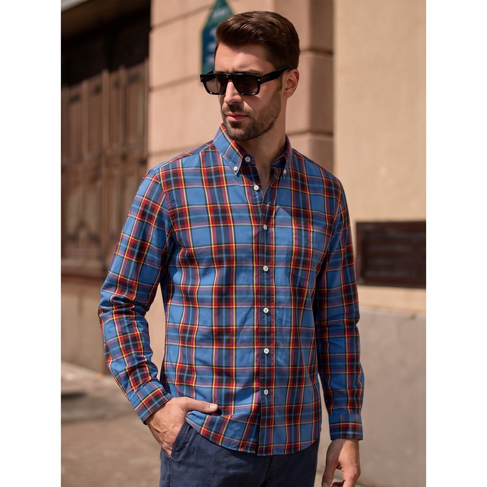 ROWM Button Down Shirt Mens Large Aqua Blue Plaid Cotton Long Sleeve